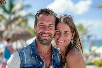 Portrait of a blissful couple in their 30s wearing a rugged jean vest on bustling beach resort background