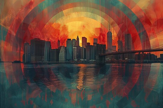 Fototapeta lConcentric circles in colorful, overlayed to form an optical illusion over building skyline including The Bridge and skycrapers, dark grey background