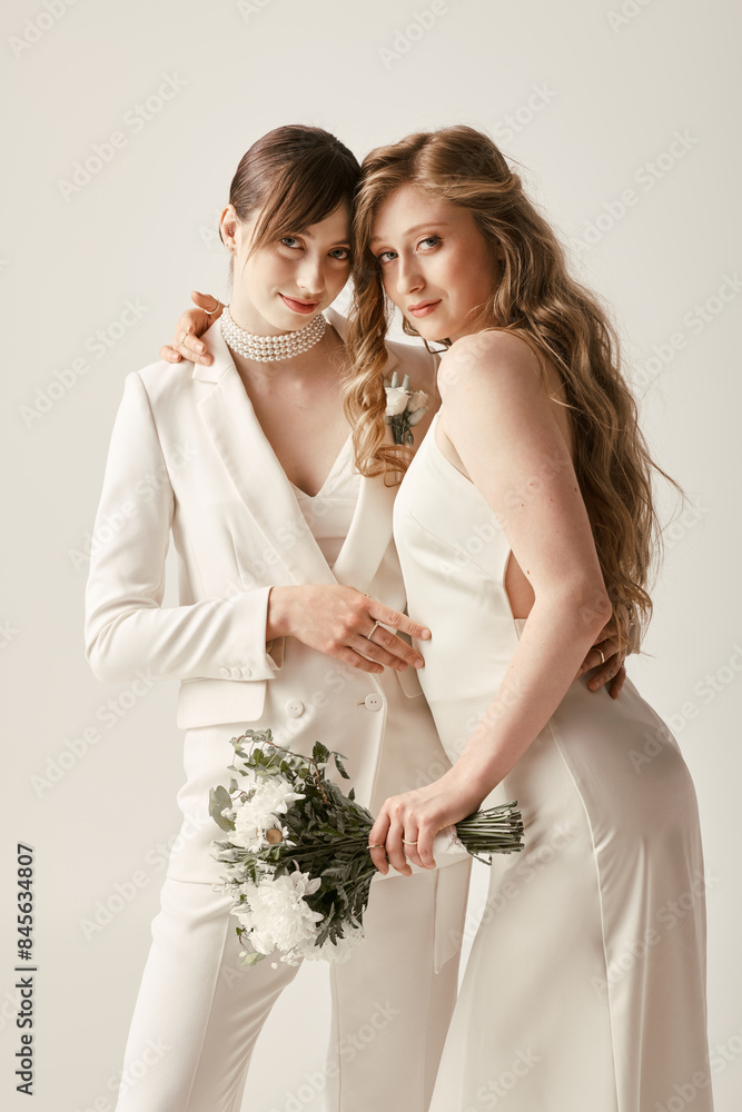 Wall mural two young women, both dressed in white, embrace during their wedding ceremony.