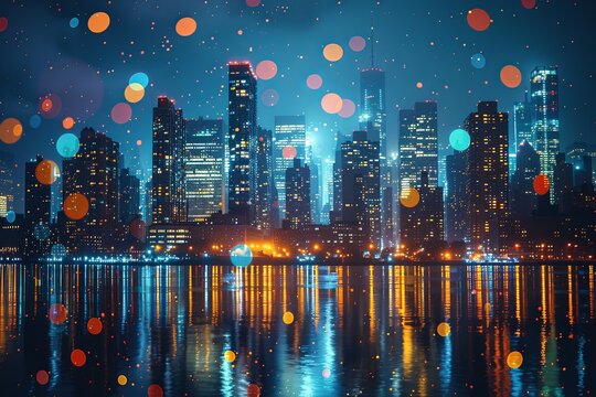 Fototapeta lConcentric circles in colorful, overlayed to form an optical illusion over building skyline including The Bridge and skycrapers, dark grey background