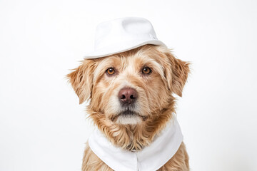 Dog wearing white hat and scarf