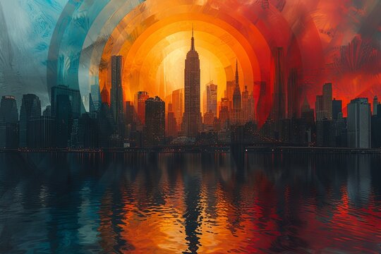 Fototapeta lConcentric circles in colorful, overlayed to form an optical illusion over building skyline including The Bridge and skycrapers, dark grey background