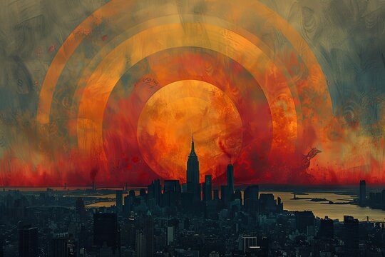 Fototapeta lConcentric circles in colorful, overlayed to form an optical illusion over building skyline including The Bridge and skycrapers, dark grey background