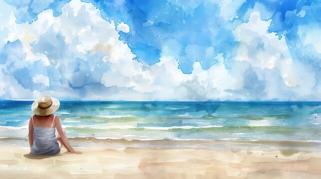 woman enjoying solitude on serene beach relaxing coastal getaway watercolor illustration
