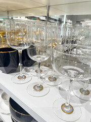 Elegant glasses on rack sell in the store or supermarket