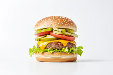Close-up of a Delicious Cheeseburger with Sesame Seed Bun