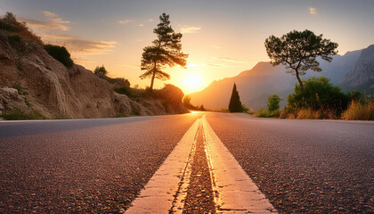 Beautiful sunset over empty mountain road in nature landscape