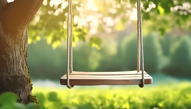 A wooden swing is suspended from a tree branch