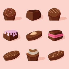 Collection of stylized chocolate candy designs. Cute chocolates of different shapes and with different fillings. Vector image EPS10