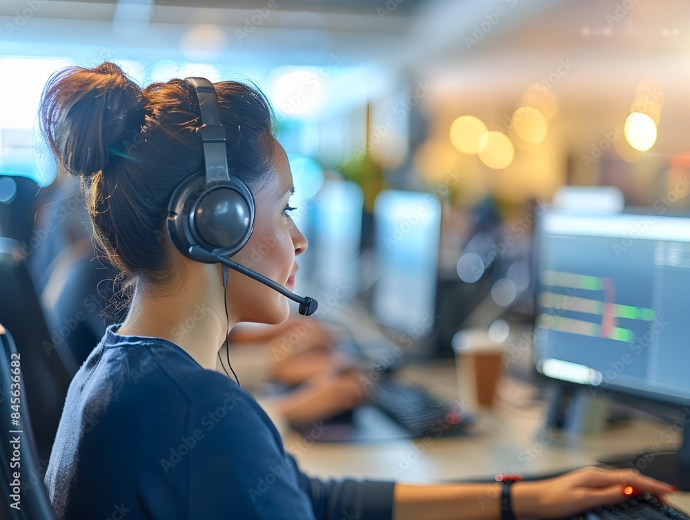 Poster busy call center operators assisting customers in dynamic work environment