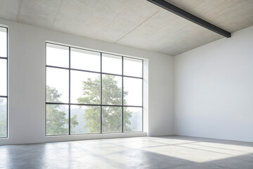 Fototapeta premium Modern Empty Room with Large Windows and Concrete Ceiling