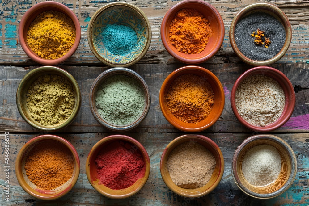 Poster a top-down view of various spices in ceramic bowls on a rustic wooden surface. the colorful spices i