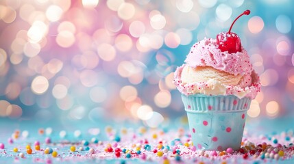 A cupcake with a cherry on top sitting in front of confetti, AI