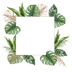 Square frame made of tropical leaves with gold. Watercolor composition. Realistic botanical illustration. Design for invitations, posters, cards, greeting cards, stationery, fabric printing, etc.
