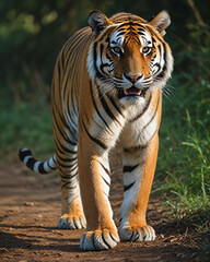 Fototapeta premium Majestic Bengal tiger walking in the wild staring with aggression generated by artificial intelligence. 