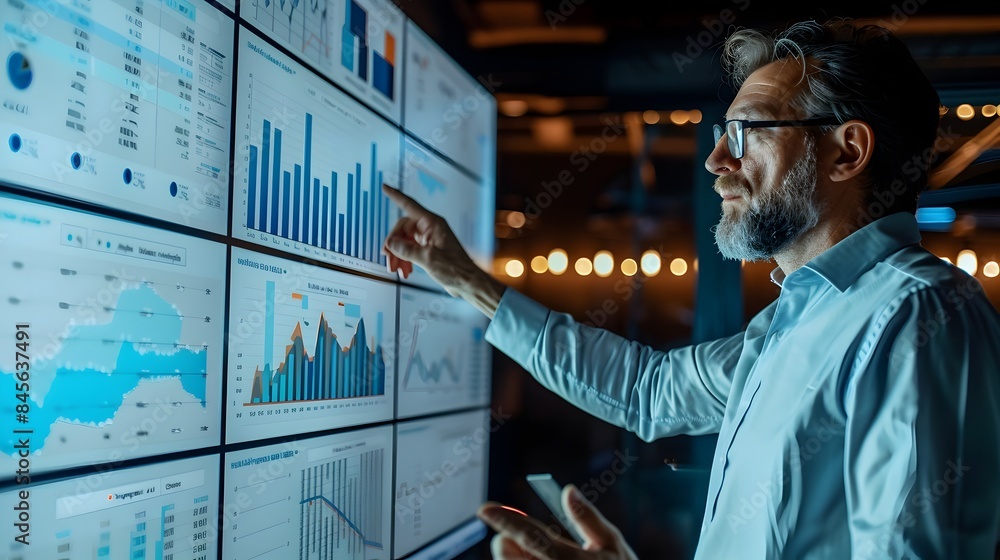 Poster professional giving presentation to colleagues with large screen displaying graphs and data