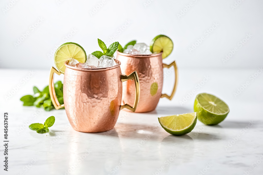 Poster Moscow Mule Cocktail in Copper Mugs with Lime and Mint on Marble Surface