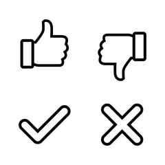 Thumb up, down, tick, and cross icon in line style. Like, dislike, checkmark, and x mark concept