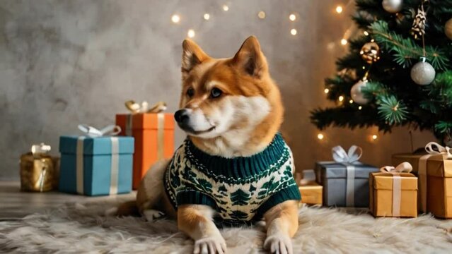 Akito inu dog in sweater, Christmas tree and gift boxes