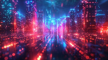 Obraz premium The concept of high-speed internet connection visualized as glowing cable webs sending digital data over spectacular futuristic cyberpunk cityscape 