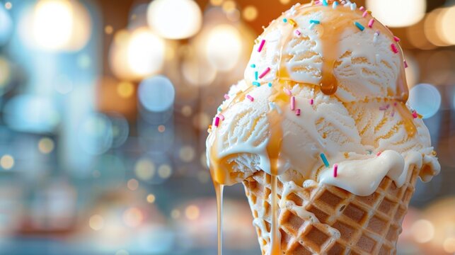 A close up of a cone with ice cream and sprinkles, AI