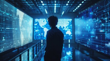 A Silhouette Of A Person Looking At A World Map Displayed On A Large Digital Screen In A Modern Control Room