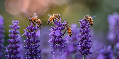 Four bees collecting pollen from vibrant purple lavender flowers in a summer garden.