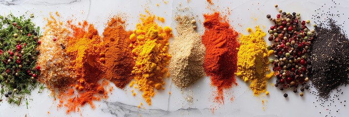 A close-up image of various spices, including turmeric, coriander, and paprika, scattered on a white marble surface. Generative AI