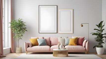 Mock up poster frame in modern interior background, living room, Scandinavian style, 3D rendering,living room, Scandinavian style