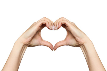 Women's hands show a sign in the shape of a heart, isolated on a white background. Expression of...