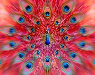 Red and pink abstract background with blurred red peacock feathers in the style of a kaleidoscope effect with motion blur