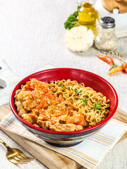 Indonesian chicken soup with noodles, turmeric and ginger (Soto Ayam). Indonesian beef noodles soup (Mie kocok). Seafood Fried Noodles (Mie Goreng - Malay style stir-fried noodles with spicy seafood.