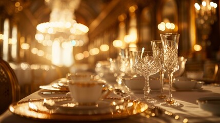 A fancy dinner table with a lot of glasses and plates, AI