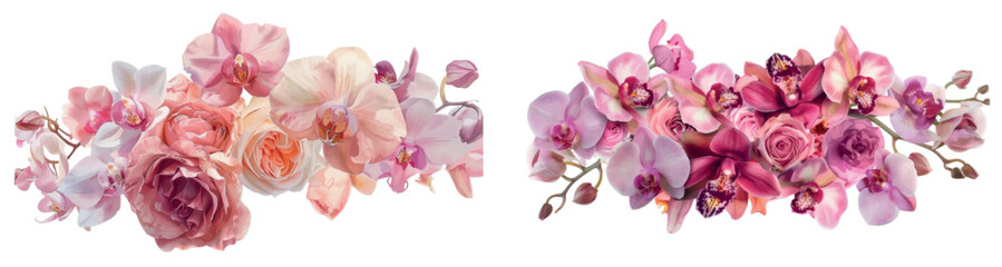 Floral arrangement of pink roses and tropical orchids with green leaves. Stock artificial intelligence.