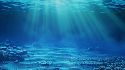 Obraz premium Sunlit underwater paradise with beams of light piercing the serene blue depths. Calm waves and ripples on the ocean floor enhance, ethereal beauty, creating a peaceful and relaxing marine landscape.