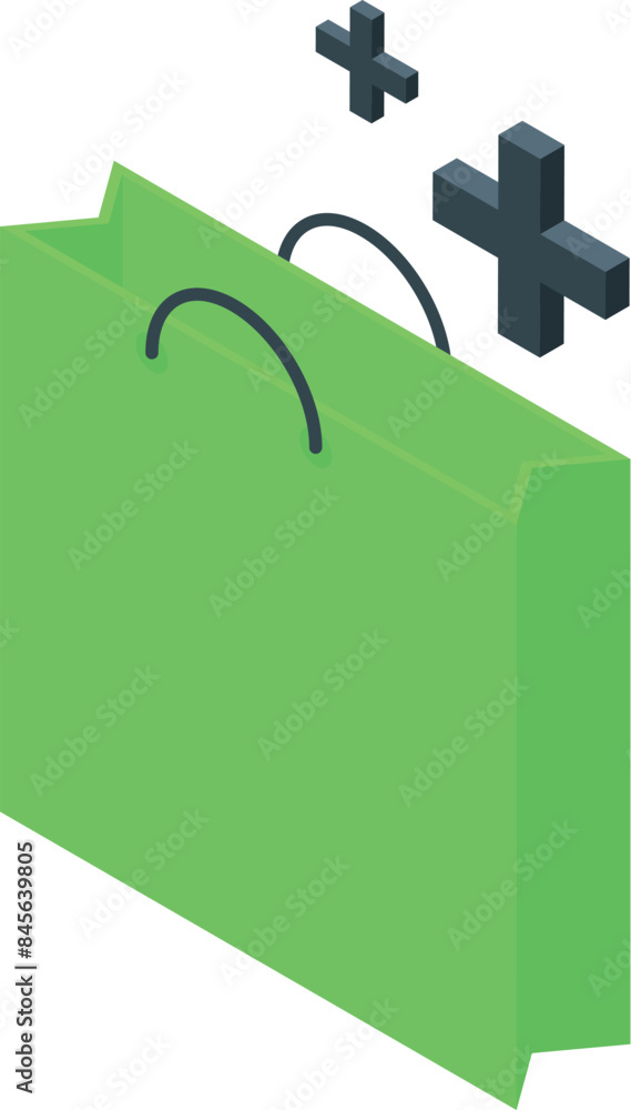 Poster green shopping bag with plus signs hovering above it, symbolizing adding items to an online shopping