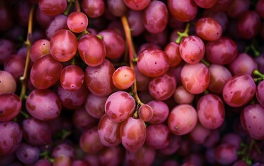 Fototapeta premium Red grapes background, closeup of many red grape fruits hanging on the market stall, 