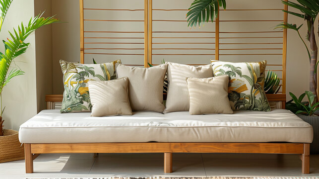 a lounge daybed with wooden frame in a lounge