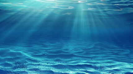 Serene underwater scene with sunbeams piercing the deep turquoise water. Rays of light create a calm and tranquil seascape, with ripples and bubbles, beauty of the aquatic environment.