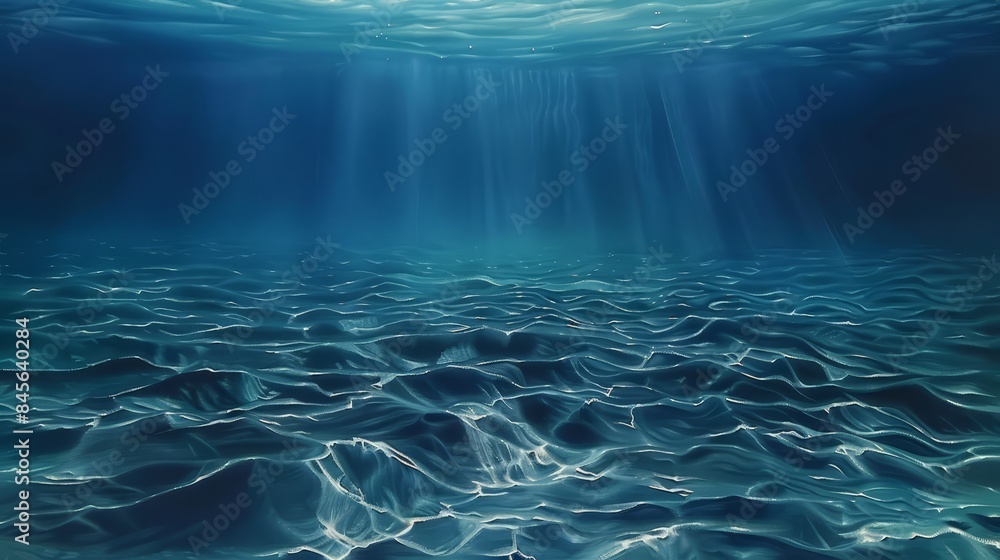 Poster Tranquil underwater scene with sunbeams streaming through the clear turquoise water. The calm seascape showcases gentle ripples and a serene ocean floor, creating an ethereal and peaceful atmosphere.