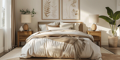 a modern and minimalist bedroom featuring a large bed with white and beige bedding, complemented by assorted throw pillows