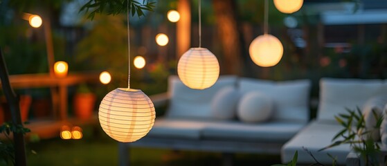 Fototapeta premium Bright, clear evening garden party with lanterns and a cozy seating area, minimalistic shapes with space for text