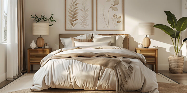 a modern and minimalist bedroom featuring a large bed with white and beige bedding, complemented by assorted throw pillows