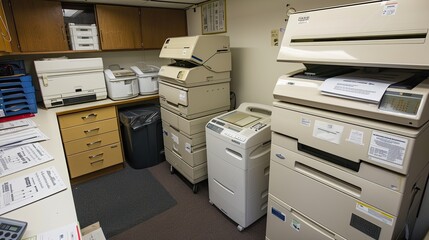 a busy office space with two large photocopiers, water coolers, and scattered plastic bottles strewn across the floor.