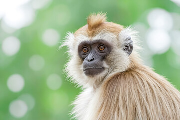 Naklejka premium Close-up portrait of a monkey with a soft, fluffy coat