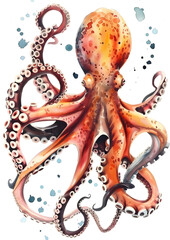 Obraz premium Watercolor Octopus on a white background, Ocean Animal Wall Art Poster