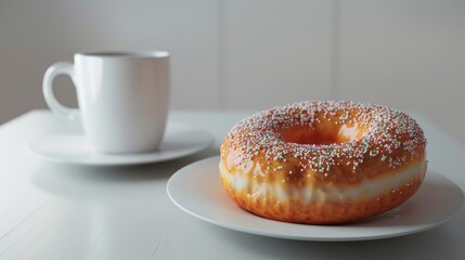 A serene morning scene with a freshly brewed cup of coffee paired with a sugared donut, symbolizing a peaceful start to the day.