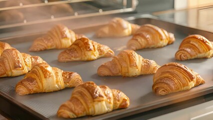 A tray of goldenbrown croissants fresh out of the oven baked on a reusable silicone mat for even browning.