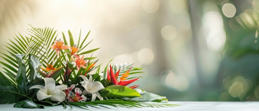 Bright, clear tropical floral arrangement with exotic flowers like orchids and birds of paradise, minimalistic shapes with space for text