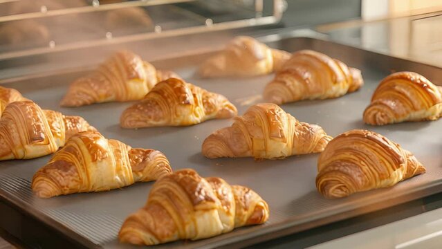 A tray of goldenbrown croissants fresh out of the oven baked on a reusable silicone mat for even browning.